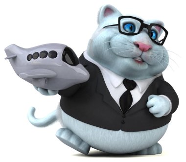 Eğlenceli kedi karakteri ile uçak - 3d çizim