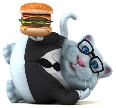 Eğlenceli kedi karakteri hamburger - 3d çizim ile