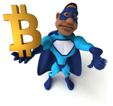 Bitcoin ile eğlenceli süper kahraman - 3D İllüstrasyon