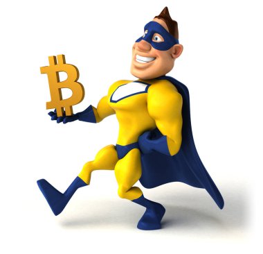 Bitcoin ile eğlenceli süper kahraman - 3D İllüstrasyon