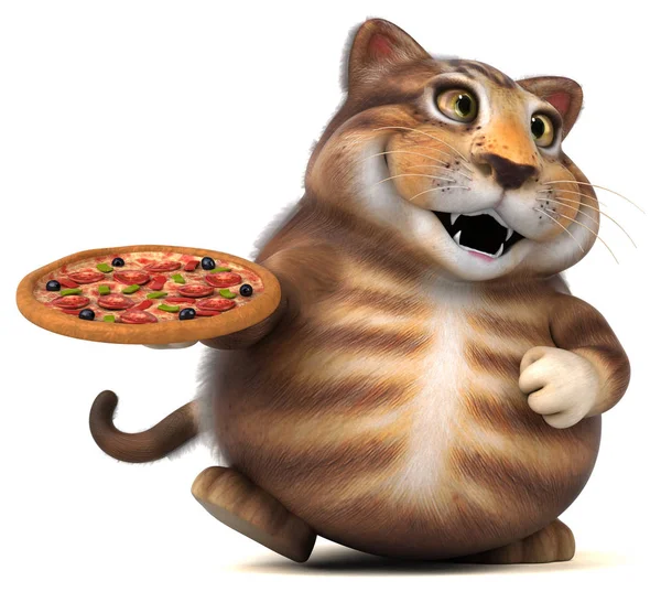 Rolig Katt Karaktär Med Pizza Illustration — Stockfoto