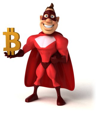 Bitcoin ile eğlenceli süper kahraman - 3D İllüstrasyon