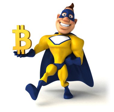 Bitcoin ile eğlenceli süper kahraman - 3D İllüstrasyon