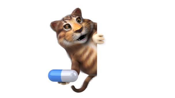 Funny Cat Cartoon Character Pill Animation — Stock Video