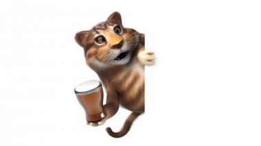 Eğlenceli kedi karakteri ile bira - 3d animasyon