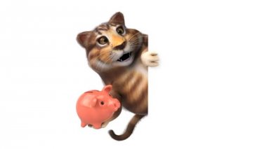 Eğlenceli kedi karakteri ile kumbara - 3d animasyon 