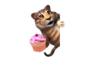 Eğlenceli kedi karakteri ile cupcake - 3d animasyon