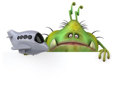 Eğlenceli çizgi film karakteri ile uçak - 3d çizim