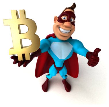 Komik karikatür karakter ile bitcoin - 3d çizim