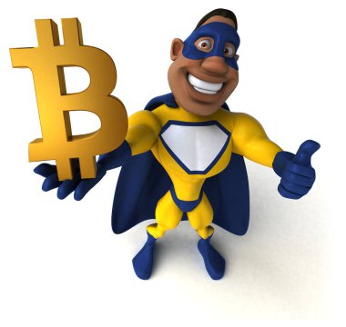 Komik karikatür karakter ile bitcoin - 3d çizim