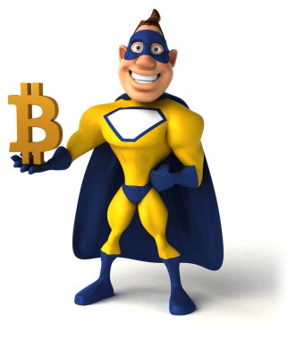 Komik karikatür karakter ile bitcoin - 3d çizim