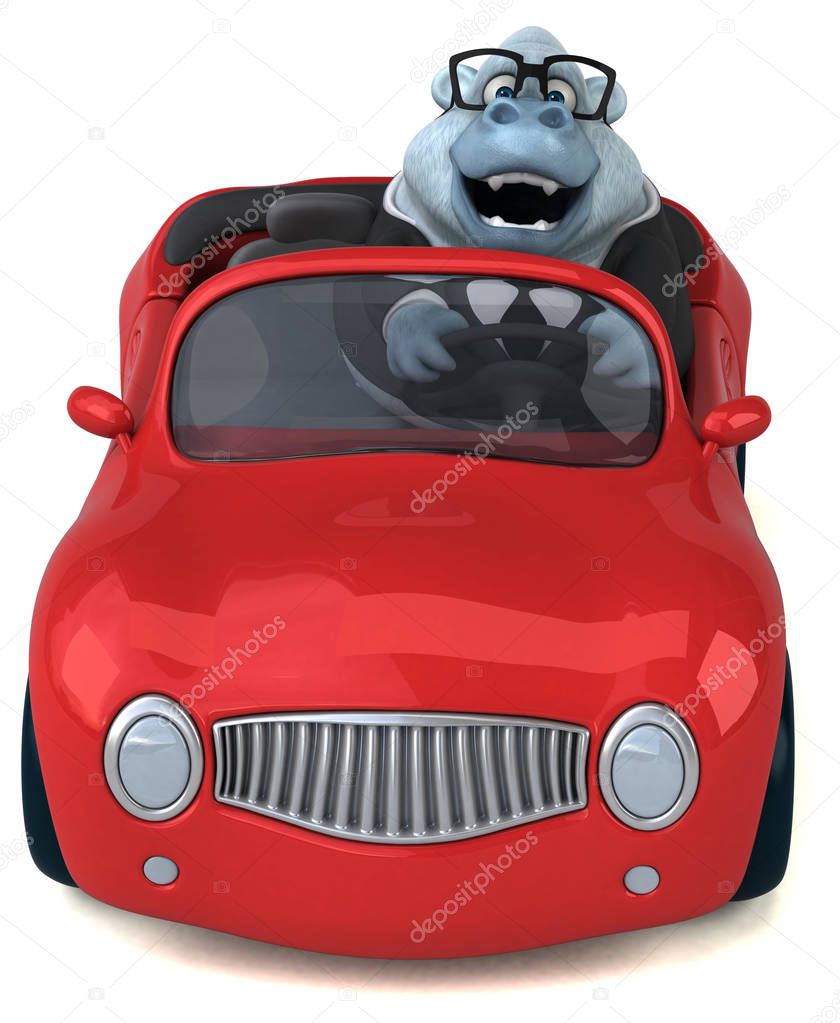 funny cartoon character with car  - 3D Illustration