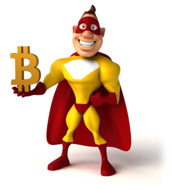 Komik karikatür karakter ile bitcoin - 3d çizim