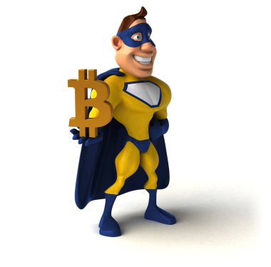 Fun cartoon character with bitcoin  - 3D Illustration clipart