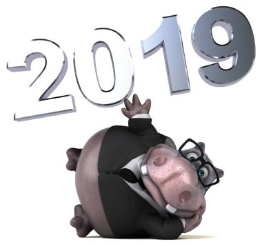 Eğlenceli hippo - 3d çizim. 2019 yeni yıl 