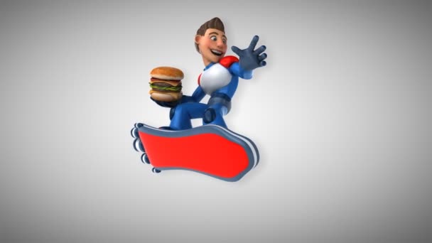 Super Moderno Superhéroe Con Hamburguesa Animación — Vídeos de Stock