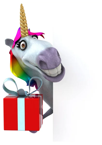 Fun unicorn with gift - 3D Illustration