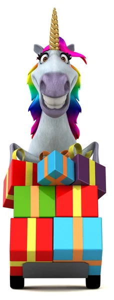 Fun unicorn with gifts  - 3D Illustration