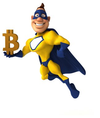 Bitcoin ile eğlenceli süper kahraman - 3D İllüstrasyon