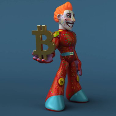 Komik karikatür karakter ile bitcoin - 3d çizim
