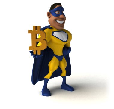 Komik karikatür karakter ile bitcoin - 3d çizim