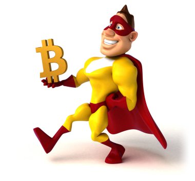 Komik karikatür karakter ile bitcoin - 3d çizim