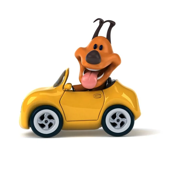 Fun cartoon character with car   - 3D Illustration