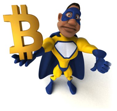 Komik karikatür karakter ile bitcoin - 3d çizim