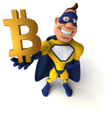 Bitcoin ile eğlenceli süper kahraman - 3D İllüstrasyon