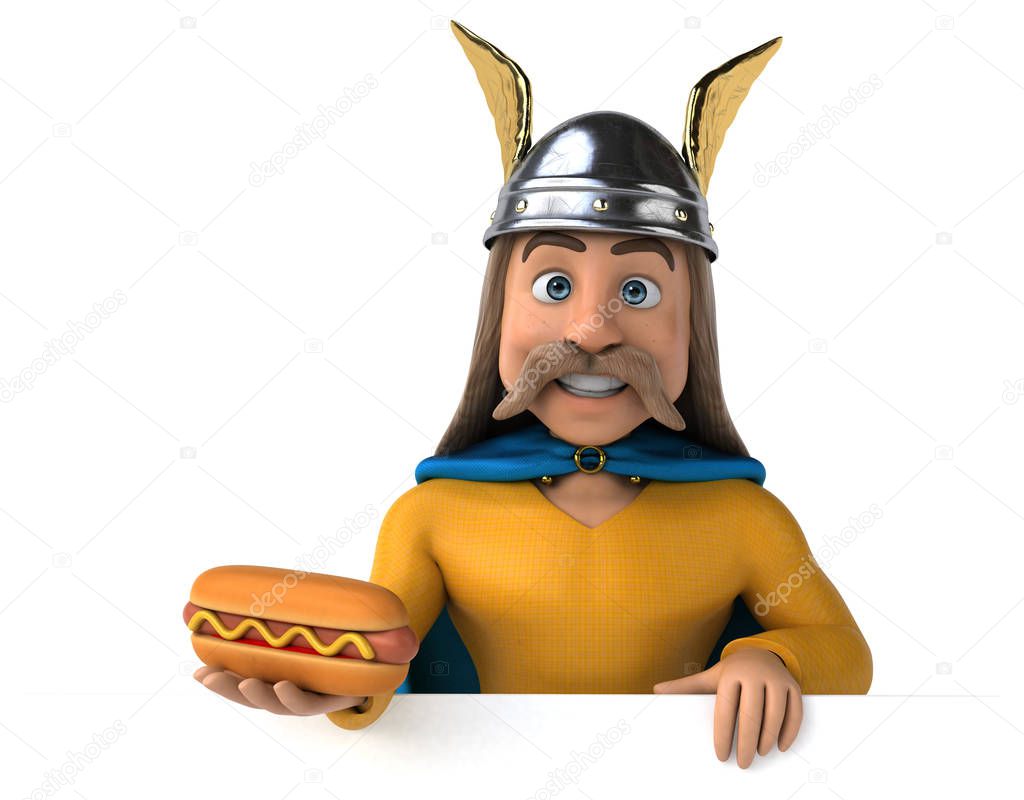 Fun cartoon character with hotdog - 3D Illustration