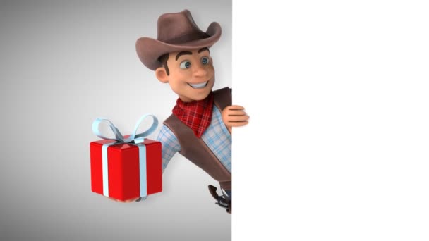 Leuke Cartoon Karakter Cowboy Met Gift Animatie — Stockvideo