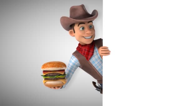 Funny Cartoon Character Cowboy Hamburger Animation — Stock Video