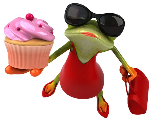 カップケーキとカエル漫画のキャラクター 3Dイラスト — ストック写真