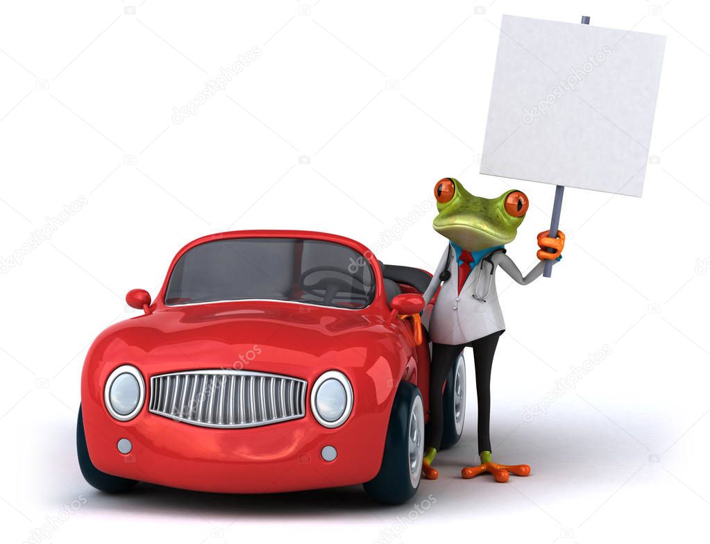 Frog cartoon character with car   - 3D Illustration