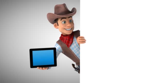 Divertente Personaggio Dei Cartoni Animati Cowboy Con Tablet Animazione — Video Stock