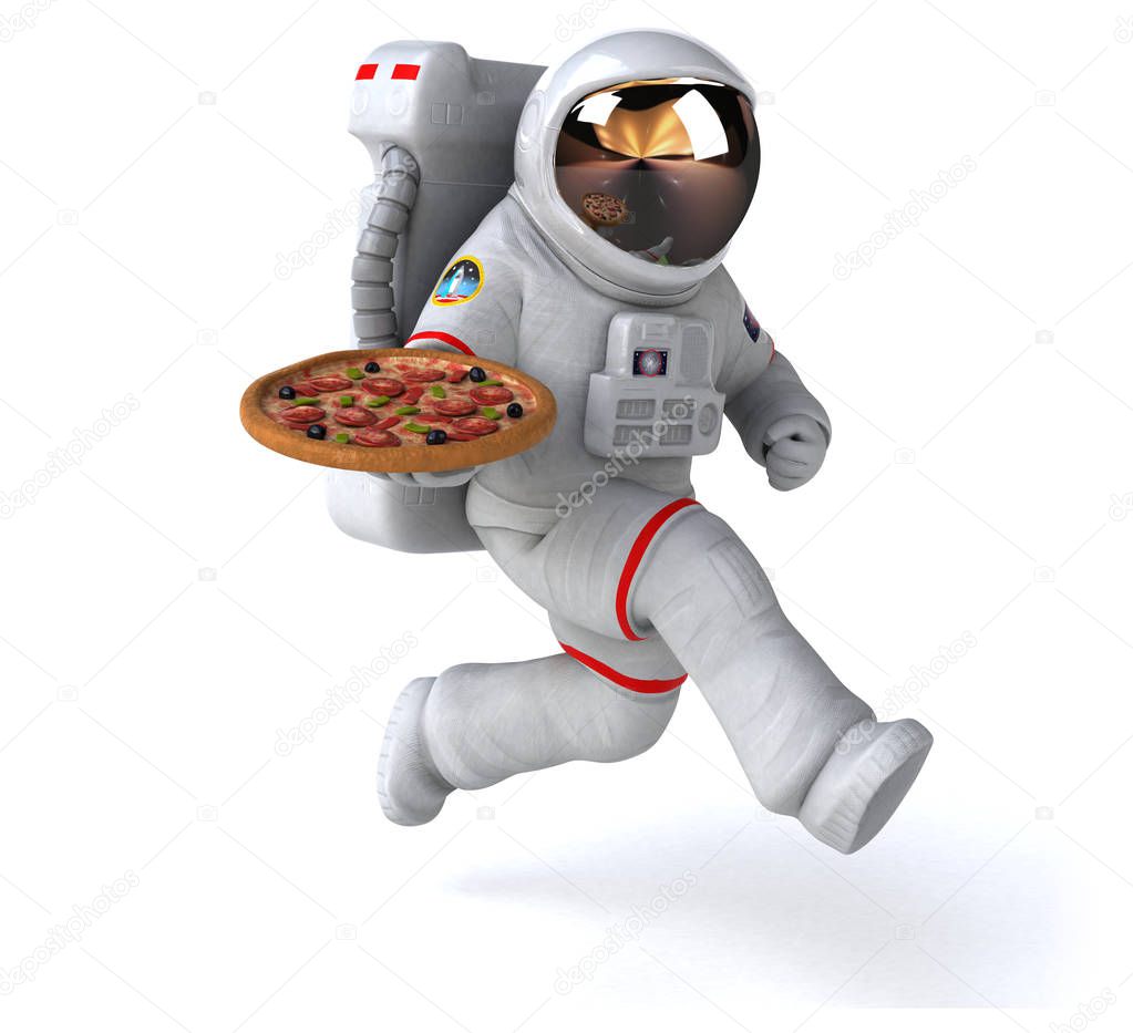 Fun astronaut with pizza - 3D Illustration