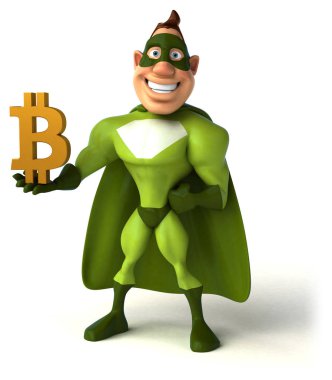 Komik karikatür karakter ile bitcoin - 3d çizim