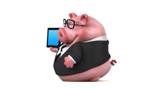 猪卡通人物与片剂 — 图库视频影像