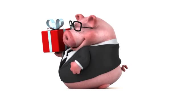 Personagem Desenho Animado Porco Engraçado Com Presente Animação — Vídeo de Stock