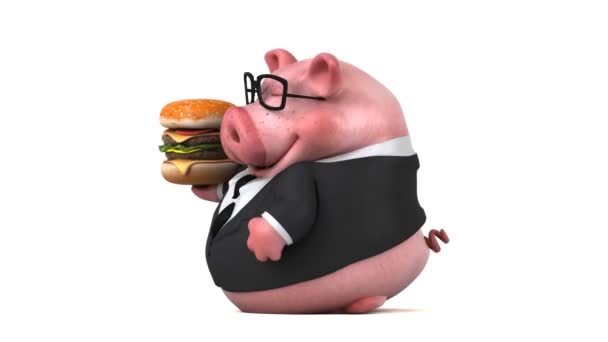 Lustige Schwein Cartoon Figur Mit Hamburger Animation — Stockvideo