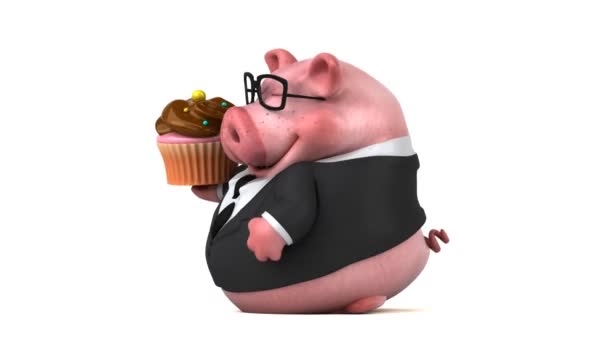 Divertido Personaje Dibujos Animados Cerdo Con Cupcake — Vídeos de Stock