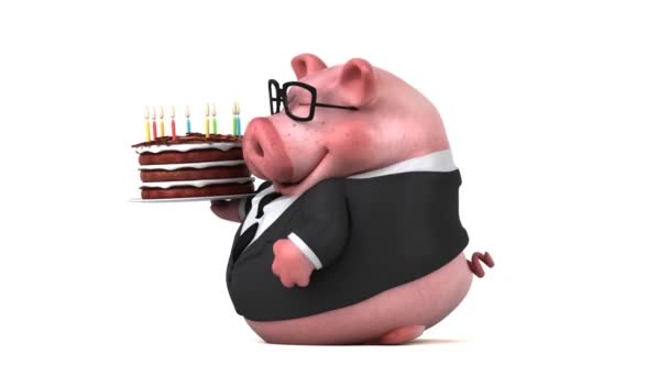 Personagem Desenho Animado Porco Divertido Com Bolo — Vídeo de Stock