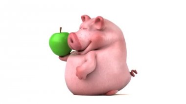 Komik domuz elma - 3d animasyon holding 