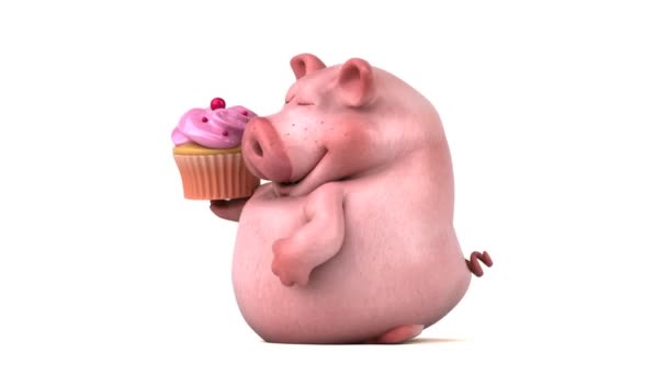 Porco Engraçado Segurando Cupcake Animação — Vídeo de Stock