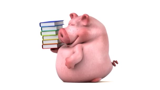 Divertido Cerdo Sosteniendo Libros Animación — Vídeos de Stock