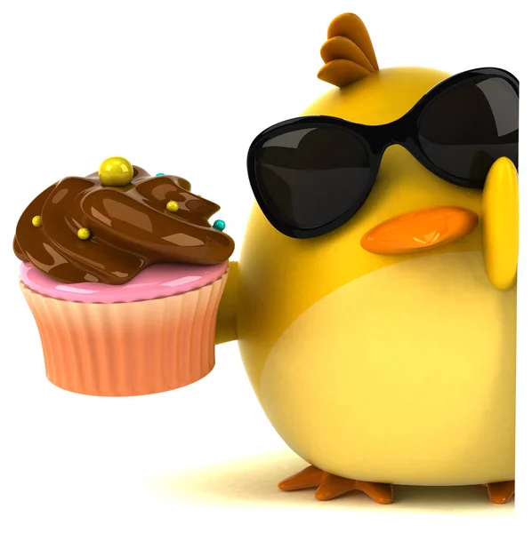 カップケーキ付き黄色い鳥 3Dイラスト — ストック写真