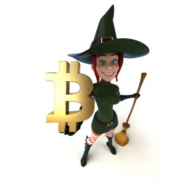 Komik karikatür karakter ile bitcoin - 3d çizim