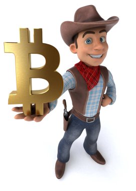 Komik karikatür karakter ile bitcoin - 3d çizim