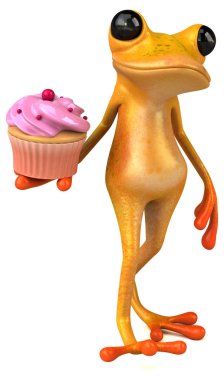 Cupcake ile eğlenceli kurbağa karakteri - 3d İllüstrasyon  