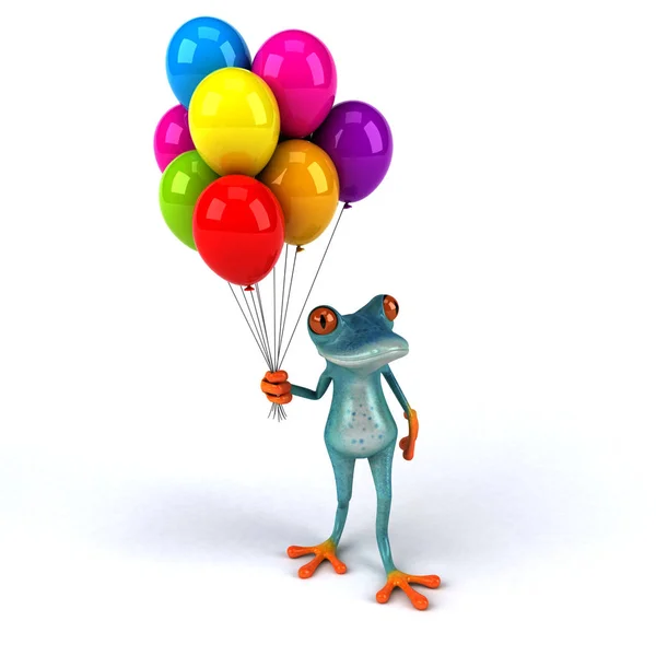 風船と楽しいカエルのキャラクター 3Dイラスト — ストック写真